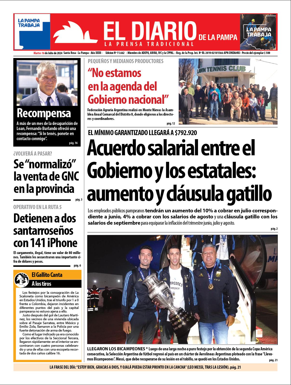 Tapa de El Diario en papel  martes 16 de julio de 2024